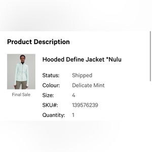 size 4 delicate mint hooded nulu define jacket